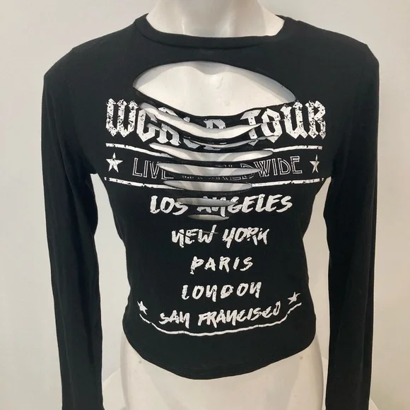 NEW Fashion Nova World Tour LA NY London Paris🌆 Black Laser Cut T Shirt L - Picture 14 of 16